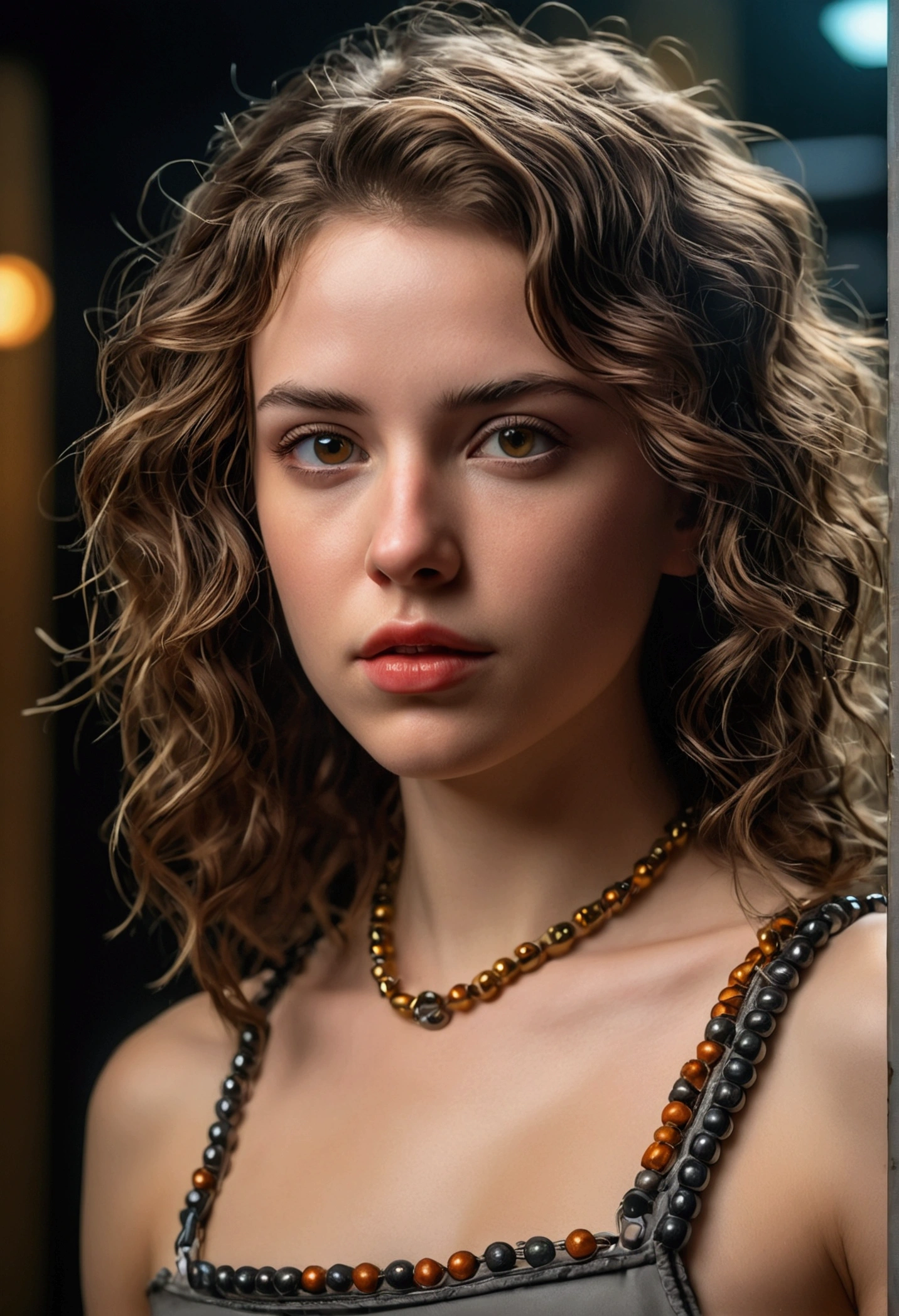 Full Face portrait photo oF 25 year old European girl, naked, CRU, beautiFul woman, semi-open strawberry lip, Dimples, wistFul expression, (extra long brown wavy hair), ((detailed Face)), ((detailed Facial Featureine detailed skin), pale skin, cyberpunk megacity environment, (cool color), moist, moist, reFlection, (masterpiecePhotographed with Canon EOS R5 (detail) (Realistic Photos) (Detailed details) 50 mm lens, F/2.8, HDR, (8k) (wall-paper) (cinematic lighting) (dramatic lighting) (sharp Focus) (Complex), CRU photography, CRU photography, gigachad photography, camera pose, black pants, rear arm, 8k uhd, dslr, high qualiy, grain film, Fujifilm XT3, Film Stock Photo 4 Kodak Portra 400 Camera F1.6 lenses Rich colors Ultra-realistic textures Dramatic lighting Unreal Engine Art Station Trends Cinestill 800 tungsten, tough style, ultra focus face, Intimidating Enforcer, combat stance, short messy hair, muscles, veins bursting, beads, (( oFF-shoulder crop top)),