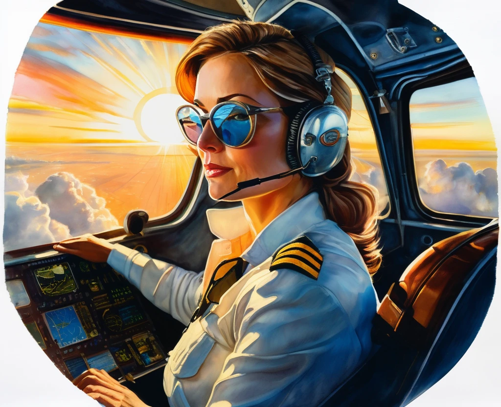 A mesmerizing watercolor painting of a stunning lady pilot, wearing elegant bold glasses and donning pilot communication tools. She is comfortably seated in the cockpit, diligently managing the takeoff process. The warm sunlight of a beautiful sunrise streams through the window, illuminating her figure and casting a stunning glow on her. The background shows a breathtaking view of clouds, emphasizing the high altitude and the vast open sky.