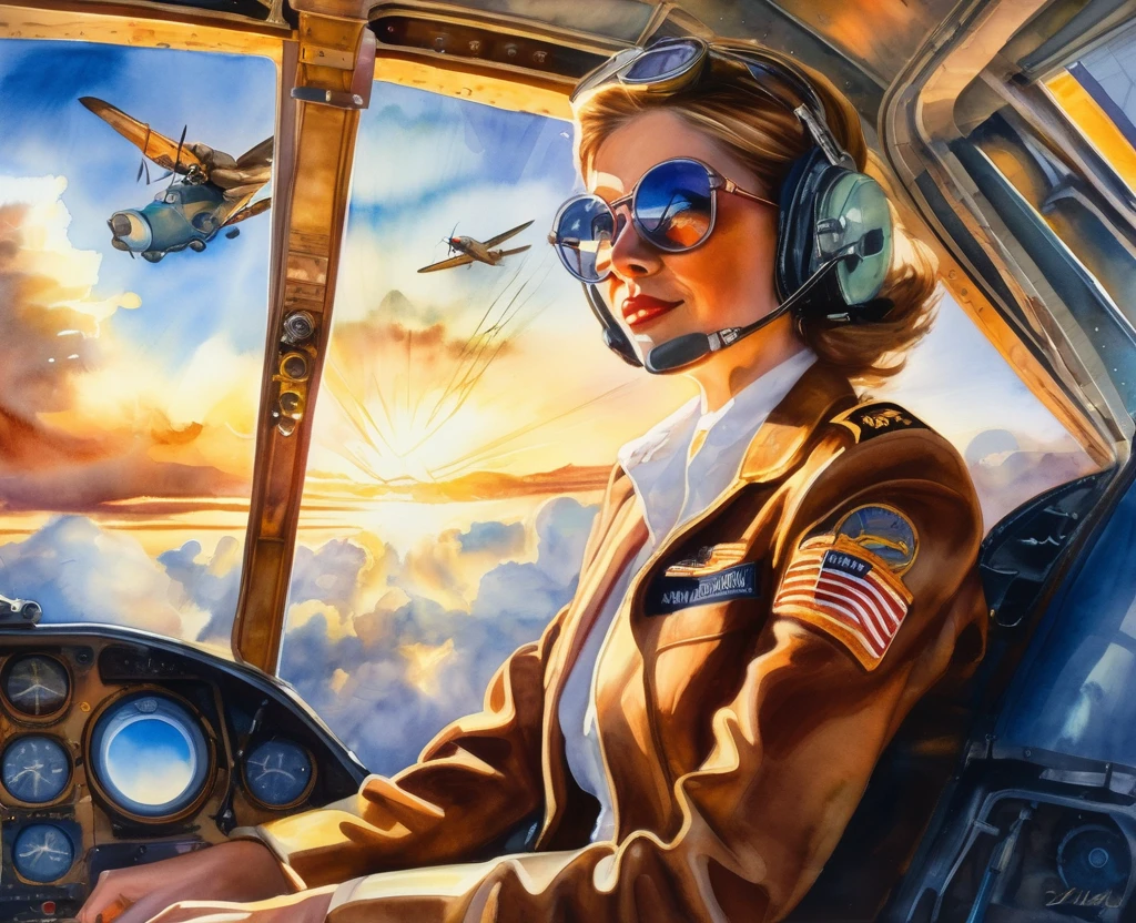 A mesmerizing watercolor painting of a stunning lady pilot, wearing elegant bold glasses and donning pilot communication tools. She is comfortably seated in the cockpit, diligently managing the takeoff process. The warm sunlight of a beautiful sunrise streams through the window, illuminating her figure and casting a stunning glow on her. The background shows a breathtaking view of clouds, emphasizing the high altitude and the vast open sky.