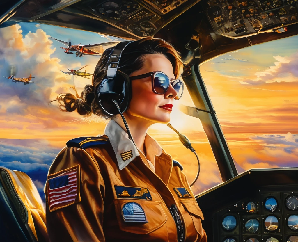 A mesmerizing watercolor painting of a stunning lady pilot, wearing elegant bold glasses and donning pilot communication tools. She is comfortably seated in the cockpit, diligently managing the takeoff process. The warm sunlight of a beautiful sunrise streams through the window, illuminating her figure and casting a stunning glow on her. The background shows a breathtaking view of clouds, emphasizing the high altitude and the vast open sky.