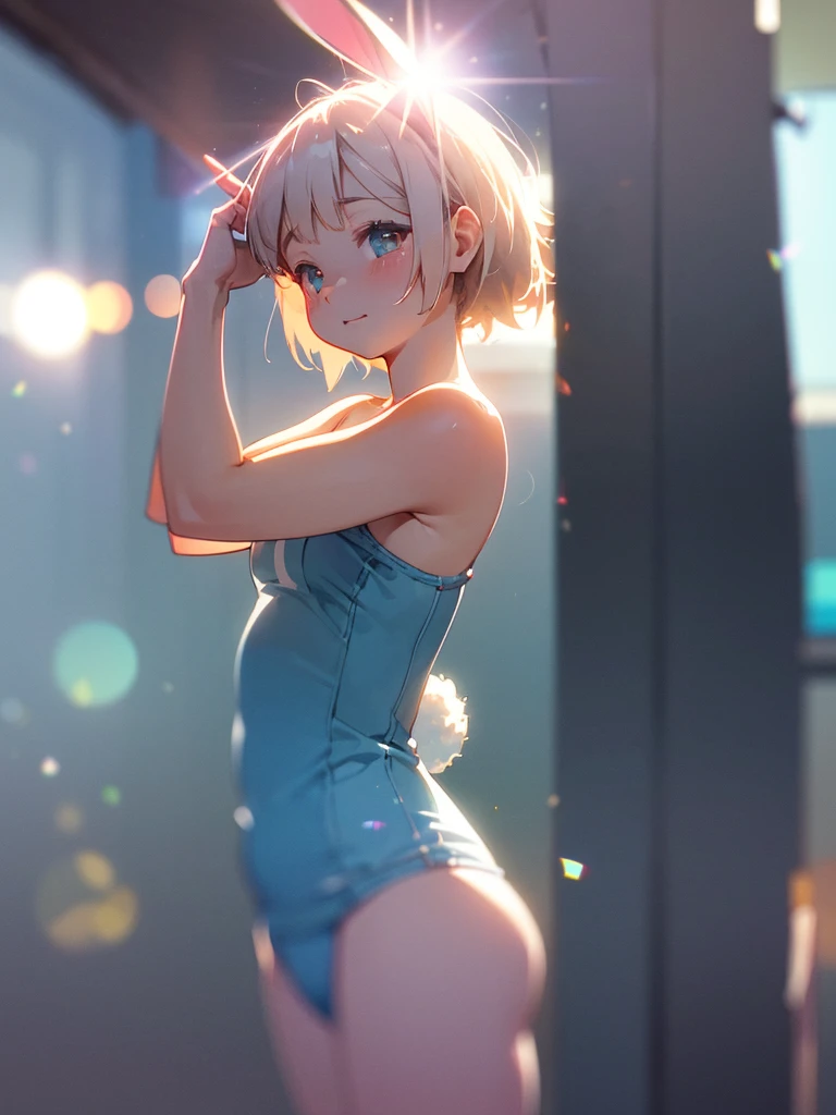 (Sumilux f1.4 50mm , low Latitude old color negative film , cross process , bokeh, flare, chromatic aberration , soft focus, (Shallow focus) , soft glow , Maximum aperture, high Key , Transparent depiction) , bunny girl , Muscular, short , school swimsuit