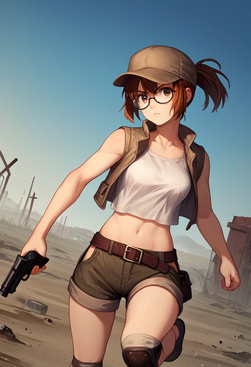 score_9, score_8_up, score_7_up, source_anime, fiogermi,1girl,fio germi, brown hair, glasses, medium hair, ponytail, brown eyes, crop top, hat, jacket, knee pads, shorts, sleeveless, navel, belt, outdoors, wasteland, gun, weapon, holding gun, serious,looking at viewer, cowboy shot,dynamic pose,running, dutch angle, solo,