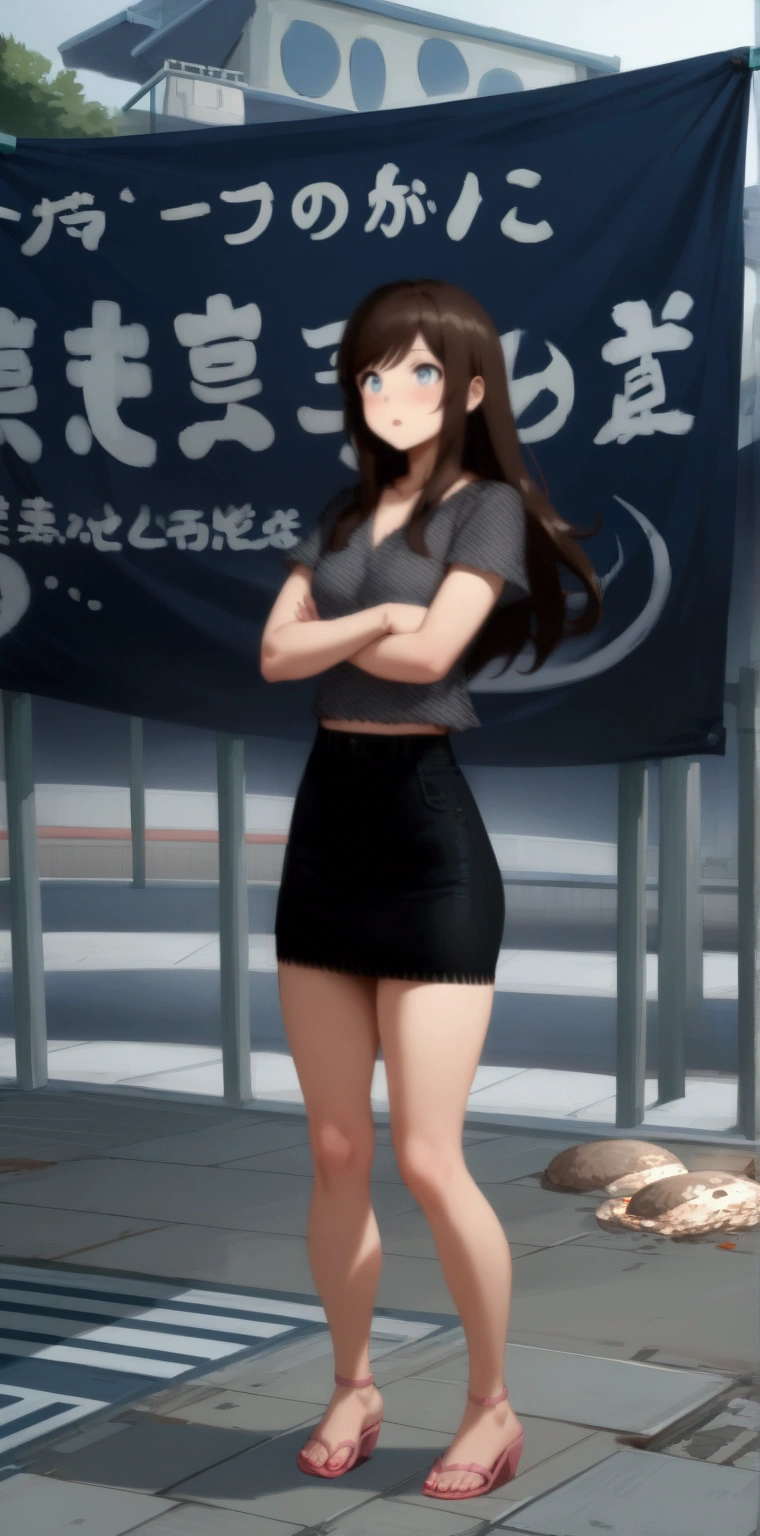 realistic anime of young woman is waiting bus, in front of outdoor theme park, (dark brown long hair with swept side bangs girl), (wear, navy-blue denim tube skirt and pink heel sandals), (1girl, solo, full body), (masterpiece, best quality, expressive eyes, perfect face, japanese anime style)
