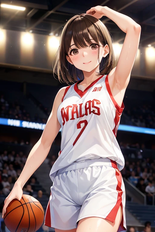 anegasaki nene、Shiny brown hair, short hair, (Beautiful brown eyes、Sparkling eyes, Fine grain)、smile、Ultra-detailed eyes、Highly detailed face, Highly detailed eyes,Cowboy Shot、

Young and beautiful woman,(Highest quality,Extremely detailed depiction,Incredible high resolution,Anatomically accurate depiction,software),(Glowing Skin,Glowing Skin,Sweat),basketballの選手,basketballのユニフォーム,basketball,Awesome dunk shot,Winning goal,background:basketballの試合中,From directly below:1.3
