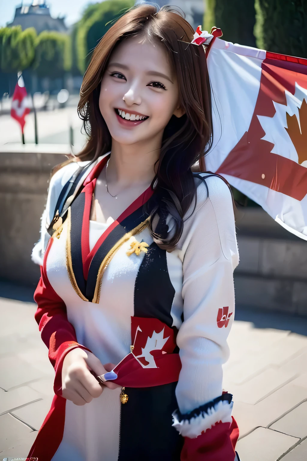 (((Women supporting the Paris Olympics:1.3))),(((Canadian flag themed costume:1.3))),(((Cute laughing woman:1.3))),(Maple Leaf Flag),(masterpiece,Highest quality,Ultra-high resolution output images,Write Boundary Depth,Intricate details,Add depth to your subject with contrast between light and shadow,Anatomically correct facial structure),(Picture Mode Ultra HD,)
