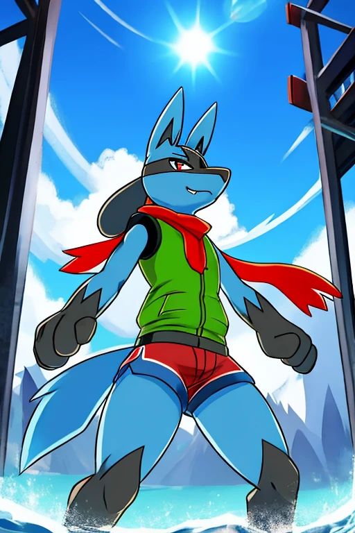 Lucario, Red scarf, Red Cap, green vest, shorts azules 