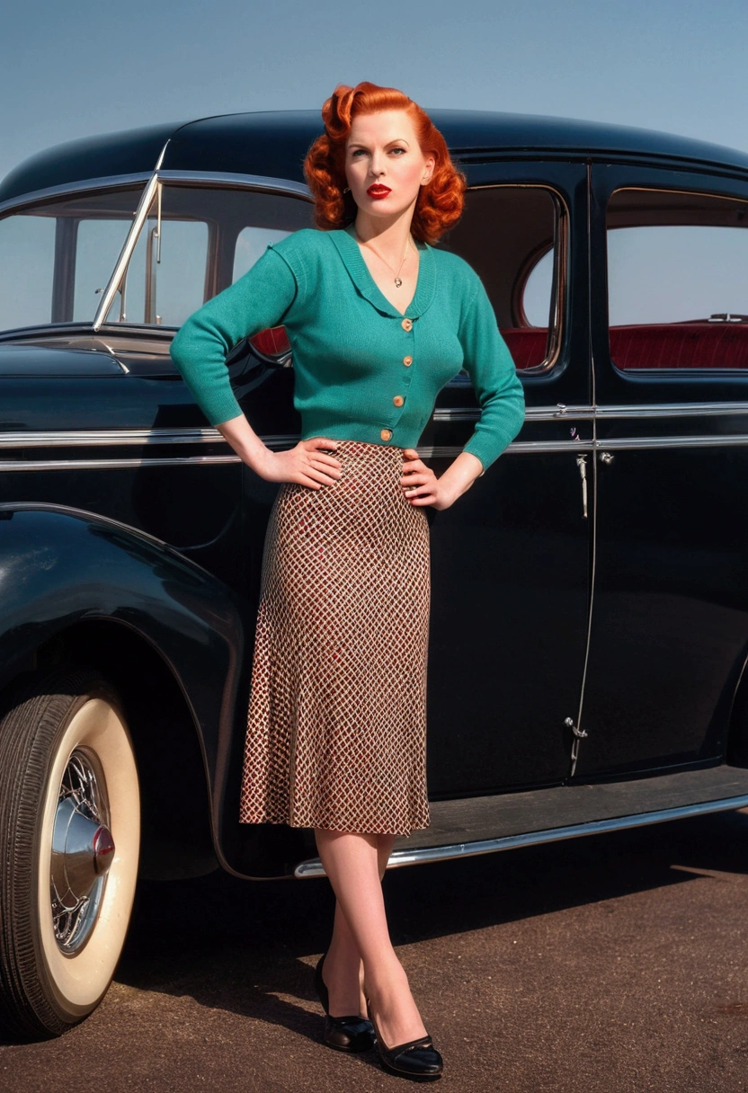  40-year-old woman standing next to a 1940s sedan, midi skirt, pullover, bullet Bra, shining skin, dramatic lighting, sexly, suprised, , colorfully, period lighting, vintage photograph,shining skin, face detailed. tight body. Red hair, face detailed, detailed hands, detailed legs,