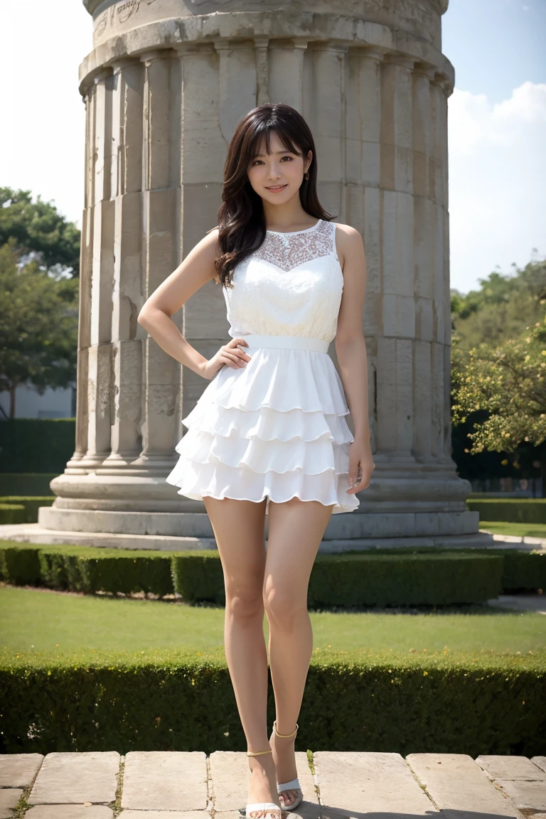 Familiar,Sharp lines,Highest quality, masterpiece、ancient ruins、Dark Light、Canon Photo Crystal Clear ,(Realistically:1.2), (Casual Micro Mini Skirt Dress)、Action pose、Take a full body photo、Lazy Smile、Attractive person、Medium Layered Hair