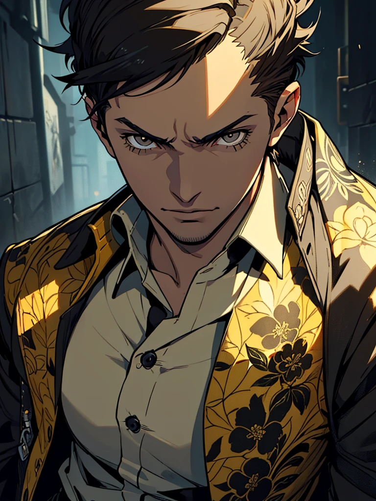 a young brazilian man with short brown hair, wearing a floral button-up shirt, black eyes, holding a revolver style gun in the ((style of persona 4 golden)), detailed face, intricate details, masterpiece, 8k, cinematic lighting, dramatic atmosphere, neo-noir mood, rich colors, dramatic shadows, intense focus