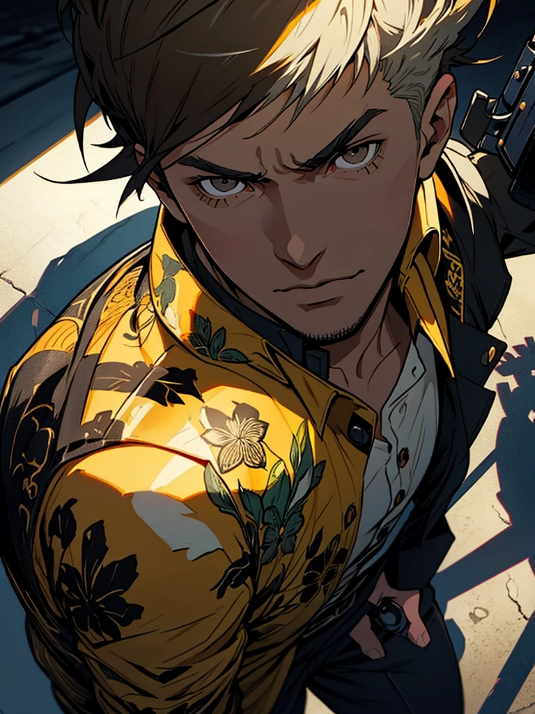 a young brazilian man with short brown hair, wearing a floral button-up shirt, black eyes, holding a revolver style gun in the ((style of persona 4 golden)), detailed face, intricate details, masterpiece, 8k, cinematic lighting, dramatic atmosphere, neo-noir mood, rich colors, dramatic shadows, intense focus