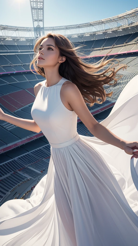 best quality, masterpiece, detailed,shiny,Real image of a beautiful woman in a long white dress with colored lines on the skirt, round neck, hair in the wind, hands in flight, looking up, in the great Olympic stadium, detailed edges