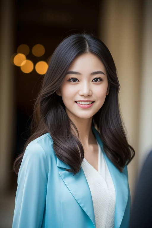 creates a photograph of a beautiful 22 year old woman, perfect silhouette, full body, medium bust, (long hair: 1.2), very detailed facial and skin texture, detailed eyes, double eyelid work, (blue jacket:1. 3) white silk blouse, white trousers, sincere smile ((best quality, 8K, masterpiece :1. 3)), (sharp focus :1.2), perfect silhouette beautiful woman:1.4, 2, , (natural light, La rue de la ville:1.1), taken in office