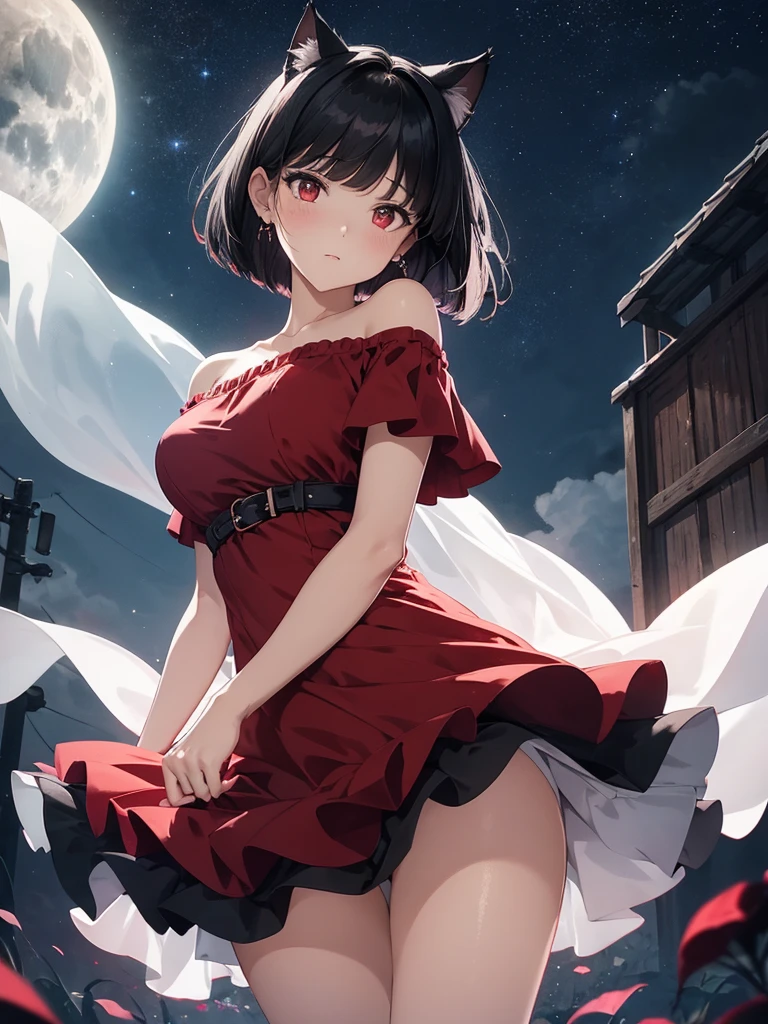 Delicate and dainty young woman with shiny bob-cut black hair and cat ears. She is wearing an off-the-shoulder bright red mini-skirt dress. The background is a fantastic and ethereal night sky that seems to be haunted by a specter. Her expression is stern and atmospheric. Angle from directly below.