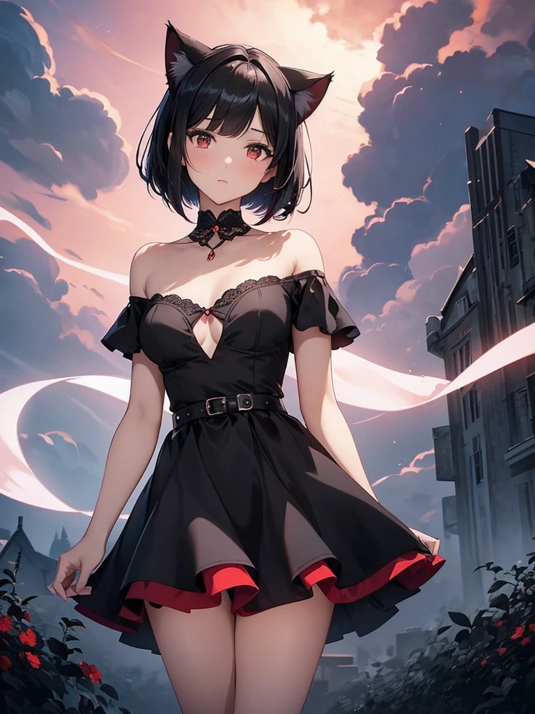 Delicate and dainty young woman with shiny bob-cut black hair and cat ears. She is wearing an off-the-shoulder bright red mini-skirt dress. The background is a fantastic and ethereal night sky that seems to be haunted by a specter. Her expression is stern and atmospheric. Angle from directly below.