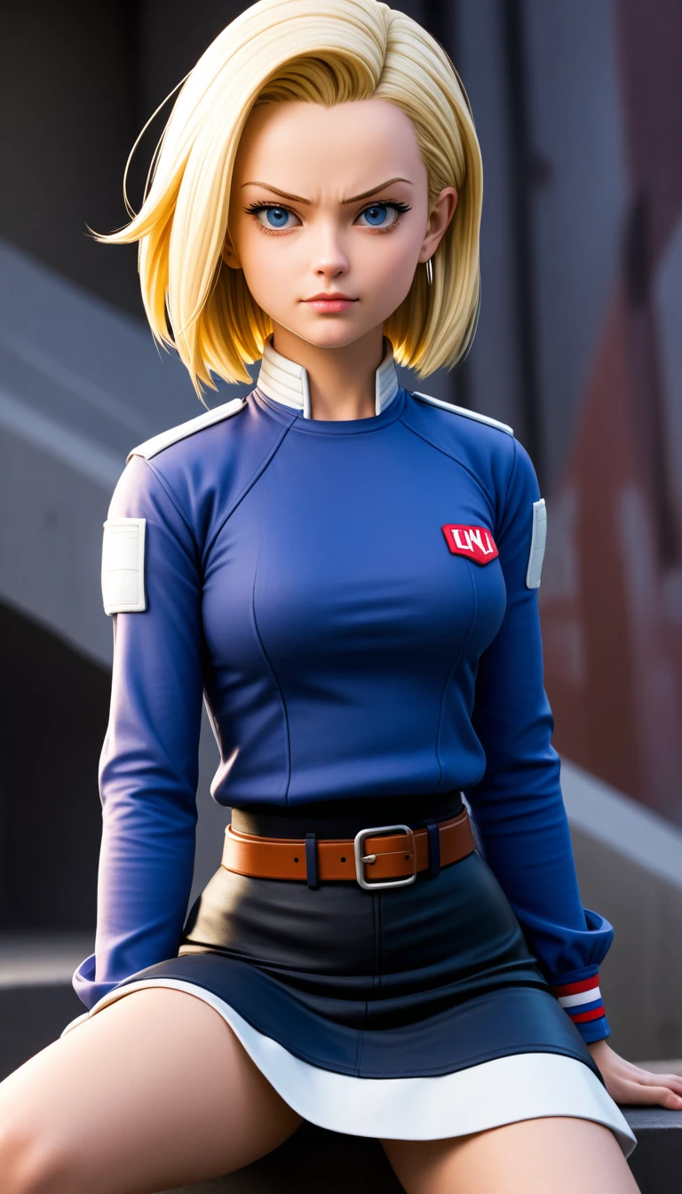 Android 18 from &#39;Dragon Ball&#39; in high quality. Show her in a confident pose, with his characteristic costume: jeans jacket, skirt and boots. Capture your determined and serene expression. Use an urban background or battlescape, with vibrant colors and details that highlight your strength and personality