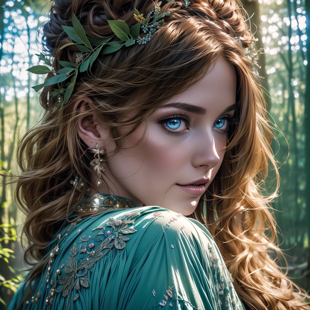 fantasy girl in a magical forest, beautiful detailed eyes, beautiful detailed lips, extremely detailed face and eyes, long eyelashes, enchanting, porcelain skin, flowing hair, elegant dress, photorealistic, 8k, highly detailed, vibrant colors, dramatic lighting, intricate background details, lush greenery, mystical atmosphere, digital art