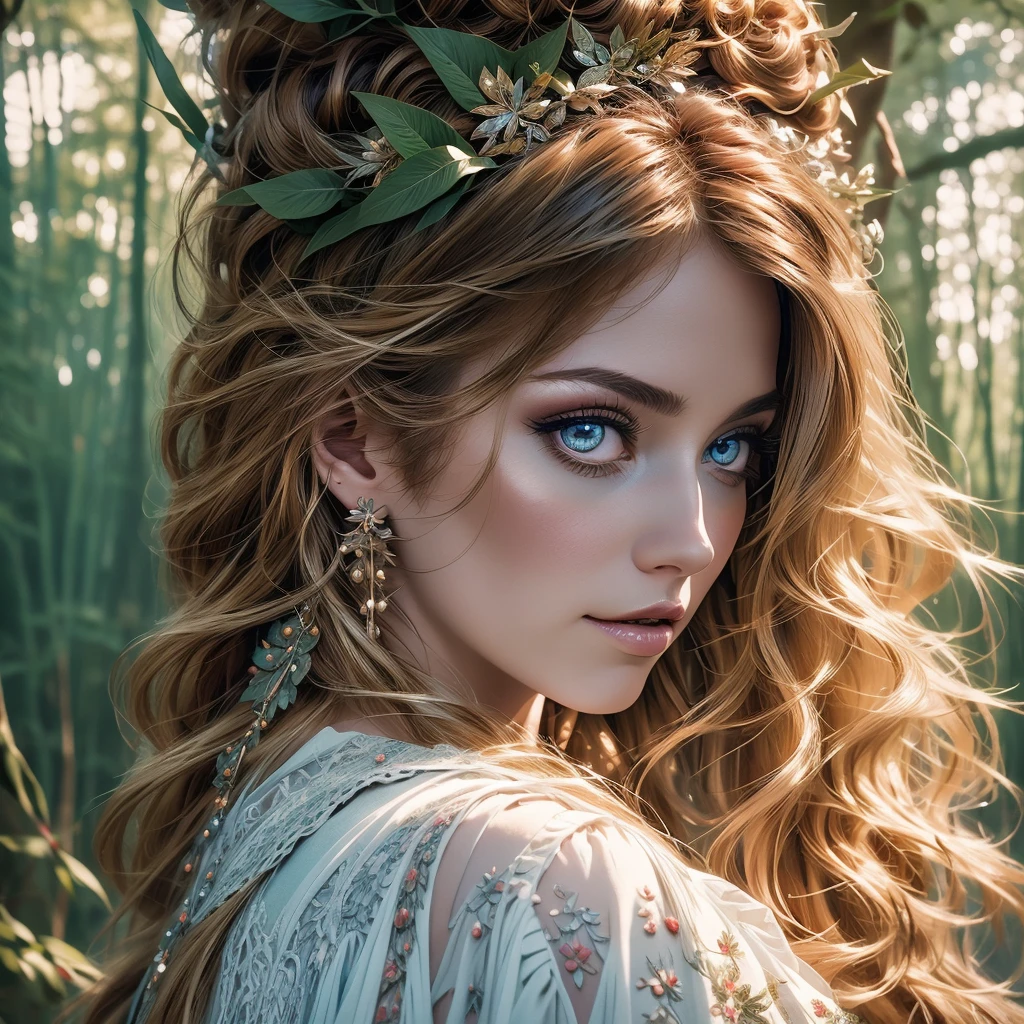 fantasy girl in a magical forest, beautiful detailed eyes, beautiful detailed lips, extremely detailed face and eyes, long eyelashes, enchanting, porcelain skin, flowing hair, elegant dress, photorealistic, 8k, highly detailed, vibrant colors, dramatic lighting, intricate background details, lush greenery, mystical atmosphere, digital art