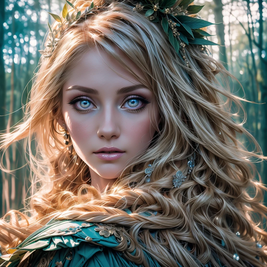 fantasy girl in a magical forest, beautiful detailed eyes, beautiful detailed lips, extremely detailed face and eyes, long eyelashes, enchanting, porcelain skin, flowing hair, elegant dress, photorealistic, 8k, highly detailed, vibrant colors, dramatic lighting, intricate background details, lush greenery, mystical atmosphere, digital art