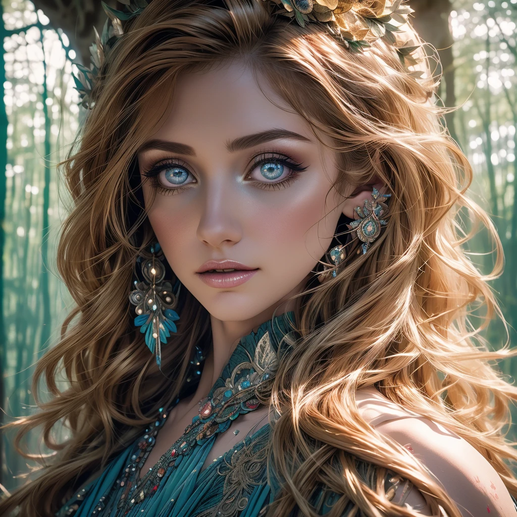 fantasy girl in a magical forest, beautiful detailed eyes, beautiful detailed lips, extremely detailed face and eyes, long eyelashes, enchanting, porcelain skin, flowing hair, elegant dress, photorealistic, 8k, highly detailed, vibrant colors, dramatic lighting, intricate background details, lush greenery, mystical atmosphere, digital art