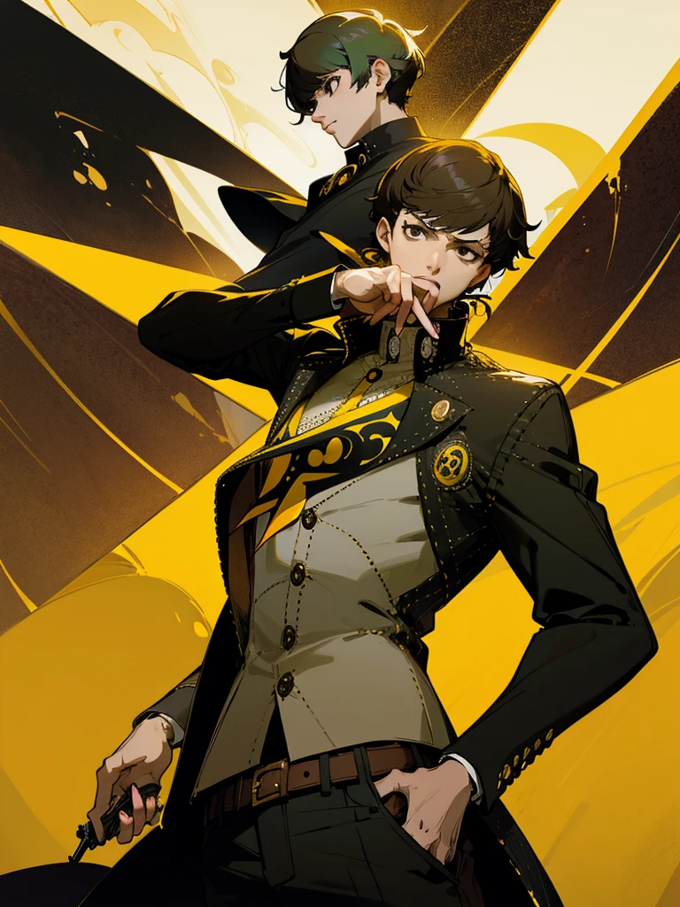 a young brazilian man with short brown hair, wearing a floral button-up shirt, black eyes, holding a revolver style gun in the ((style of persona 4 golden)), detailed face, intricate details, masterpiece, 8k, cinematic lighting, dramatic atmosphere, neo-noir mood, rich colors, dramatic shadows, intense focus