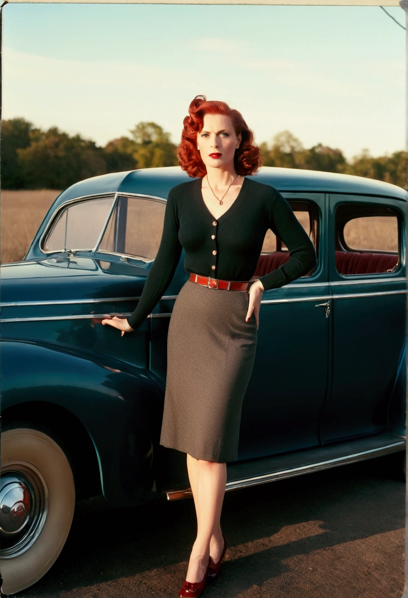 40-year-old woman standing next to a 1940s sedan, midi skirt, pullover, bullet Bra, shining skin, dramatic lighting, sexly, suprised, , colorfully, period lighting, Analog photography, Polaroid shining skin, face detailed. tight body. Red hair, face detailed, detailed hands, detailed legs,