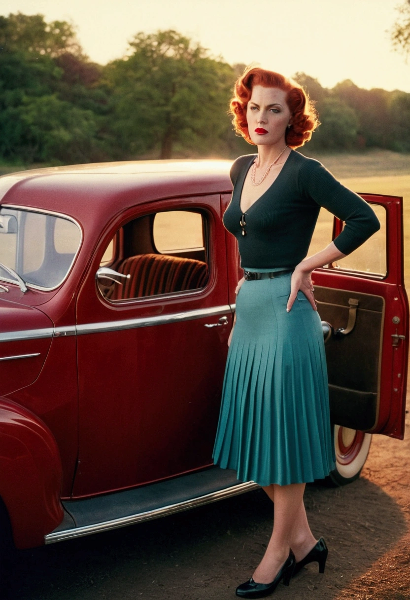  40-year-old woman standing next to a 1940s sedan, midi skirt, pullover, bullet Bra, shining skin, dramatic lighting, sexly, suprised, , colorfully, period lighting, Analog photography, Polaroid shining skin, face detailed. tight body. Red hair, face detailed, detailed hands, detailed legs,