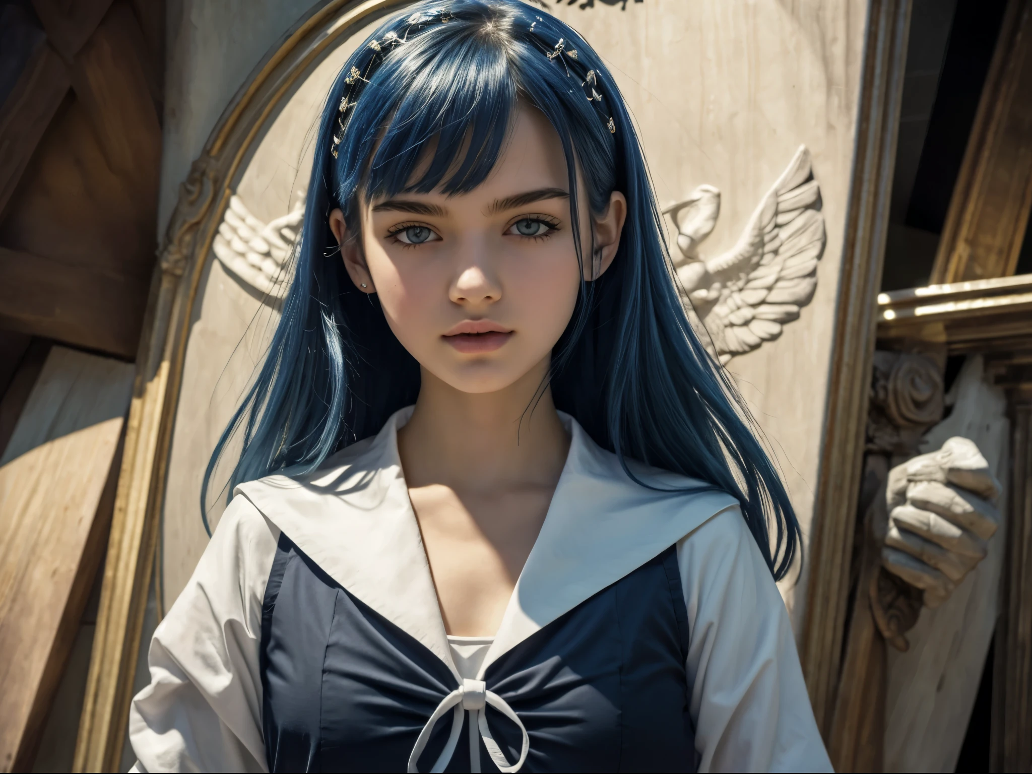 1girl, (solo:1.4), upper body, medium wide shot, long blue hair, blue eyes, detailed face, white and blue sailor uniform, (yo, cute), (breasts:1.2), fantasy magical girl, (best quality, highres, masterpiece:1.2), (realistic, photorealistic:1.3), vivid colors, cinematic, dramatic lighting, whimsical, ethereal, elegant, graceful, BREAK, gargoyle, stone carving, detailed line, super intricate details, perfect composition, medieval art, BREAK,