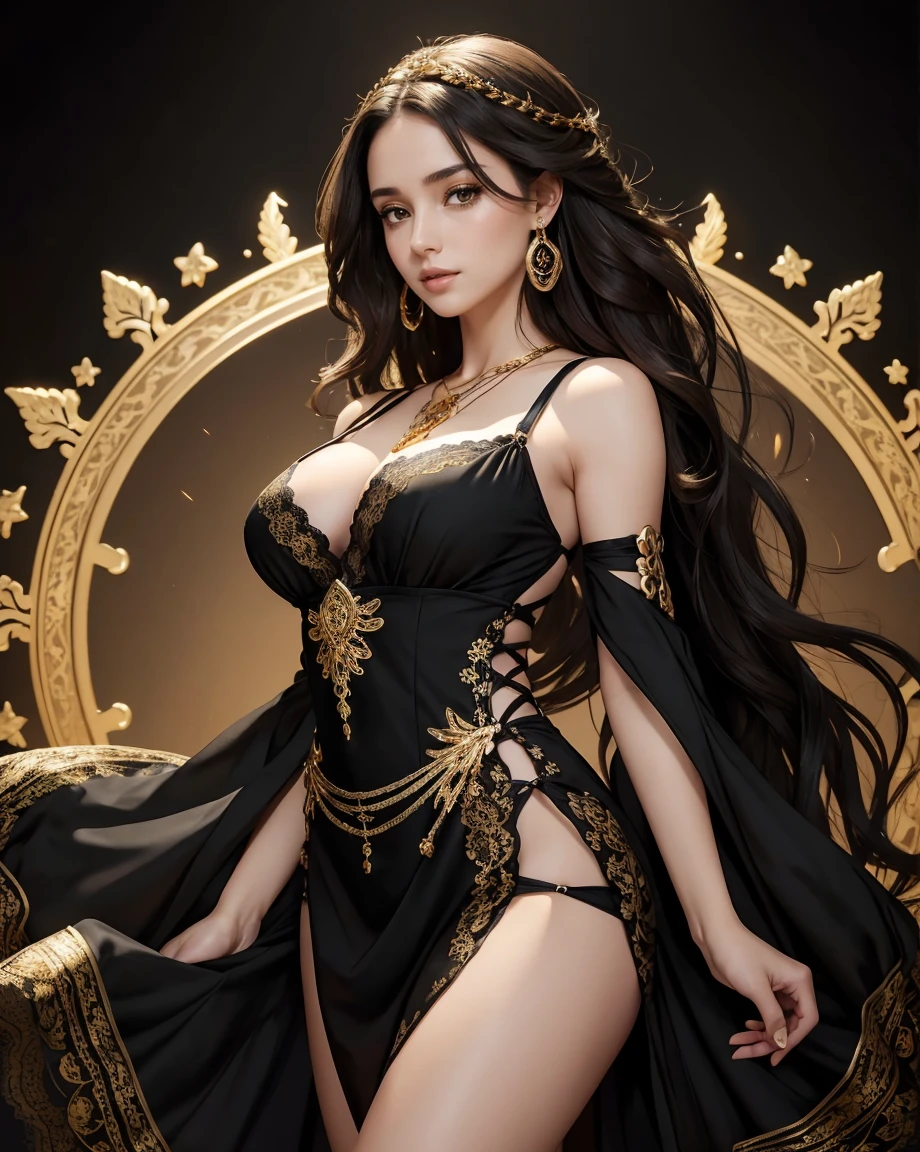 Beautiful brunette woman, 25 years old, stunning body, expressive and clear face, crystal clear eyes, full mouth, long dark curly hair tied behind her head, feshion, (((short black dress with gold details, with straps and lace))) , large breasts, gold jewelry earrings and necklace, ((intricately colored fractal background)), backlight, light falling on the hair from behind, dynamic pose, perfect hands, breathtaking image, 8k, HDR.