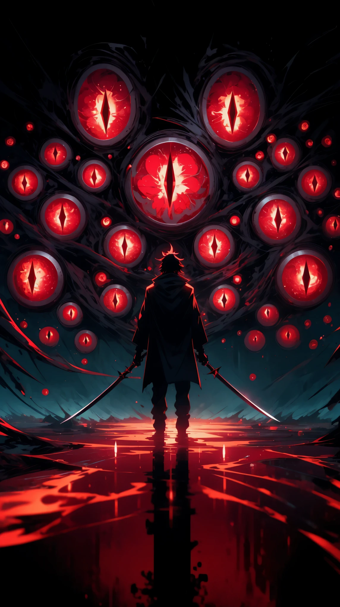 A lone figure stands before a massive, otherworldly entity with numerous red, glowing eyes, the figure holding two swords, back turned to the viewer. The entity's eyes are floating in a dark, surreal environment, emitting an eerie red glow. The scene is set with a dark, ominous atmosphere, with deep shadows and a sense of foreboding, abasterpiece)), ((best quality)), ultra detailed,((illustration)), dynamic angle, detailed light, (delicate eyes), (ahoge:0.8),apathy, ray，frontage，style of anime4 k， 4k anime wallpaper， badass anime 8 k， 4 k comic wallpaper