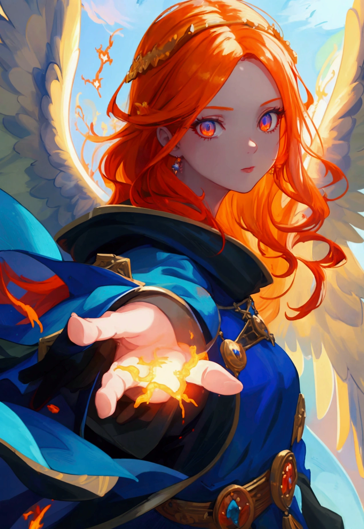 a picture  female aasimar sorceress casting a fire spell,  exremley beautiful female aasimar, orange hair, long hair, wavy hair, dynamic eyes color, angelic eyes, radiant magical eyes, ultra detailed face, spread angelic wings, white angelic wings, wearing dynamic color robe, wearing blue cloak, long cloak, flowing cloak with fire motifs,  armed with magical staff,  manipulating fire magical energy, vibrant, Ultra-high resolution, High Contrast, (masterpiece:1.5), highest quality, Best aesthetics), best details, best quality, highres, 16k, [ultra detailed], masterpiece, best quality, (extremely detailed) RAW, fantasy art, dnd art,