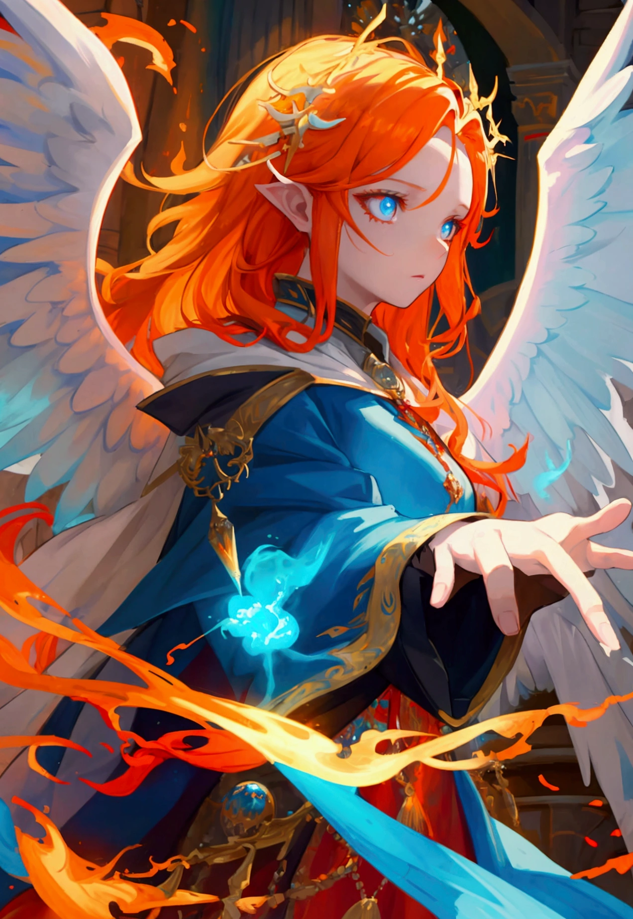 a picture  female aasimar sorceress casting a fire spell,  exremley beautiful female aasimar, orange hair, long hair, wavy hair, dynamic eyes color, angelic eyes, radiant magical eyes, ultra detailed face, spread angelic wings, white angelic wings, wearing dynamic color robe, wearing blue cloak, long cloak, flowing cloak with fire motifs,  armed with magical staff,  manipulating fire magical energy, vibrant, Ultra-high resolution, High Contrast, (masterpiece:1.5), highest quality, Best aesthetics), best details, best quality, highres, 16k, [ultra detailed], masterpiece, best quality, (extremely detailed) RAW, fantasy art, dnd art,