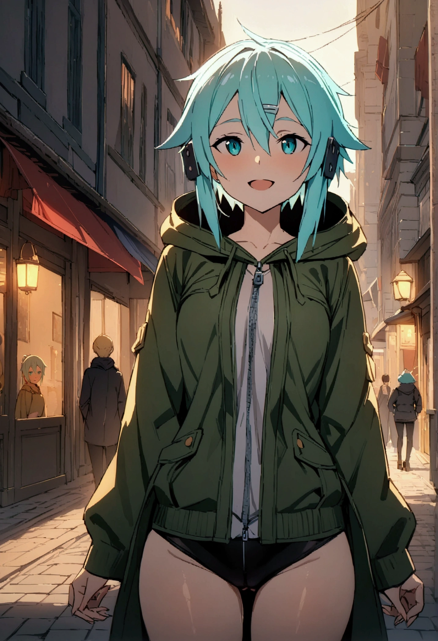 NSFW,masterpiece,Highest quality,High resolution,Very detailed,Sinon\(Sword Art Online\),Hooded parka,Happy face,bustling street
