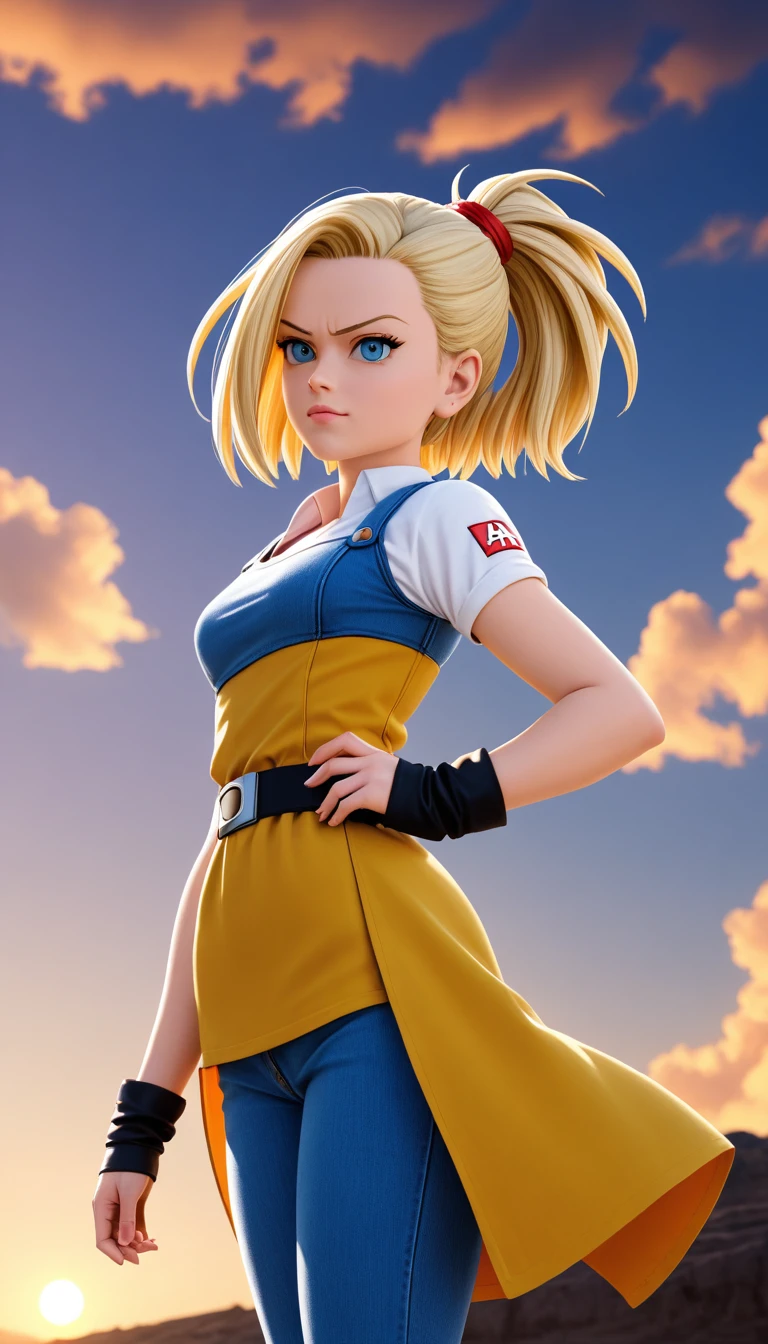 Android 18 from &#39;Dragon Ball&#39; in high quality. Show her in a confident pose, with his characteristic costume: jeans jacket, skirt and boots. Capture your determined and serene expression. Use an urban background or battlescape, with vibrant colors and details that highlight your strength and personality