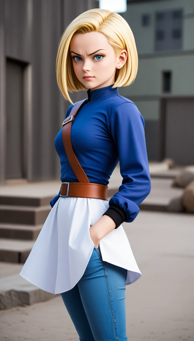 Android 18 from &#39;Dragon Ball&#39; in high quality. Show her in a confident pose, with his characteristic costume: jeans jacket, skirt and boots. Capture your determined and serene expression. Use an urban background or battlescape, with vibrant colors and details that highlight your strength and personality