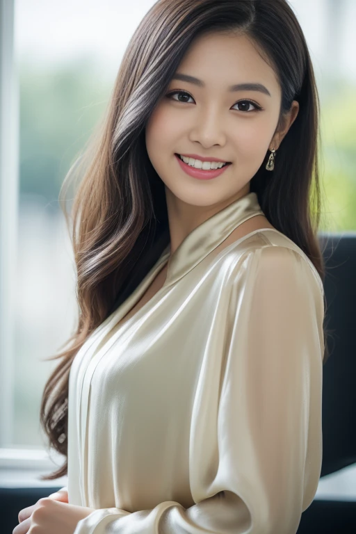 creates a photograph of a beautiful 22 year old woman, perfect silhouette, full body, medium bust, (long hair: 1.2), very detailed facial and skin texture, detailed eyes, double eyelid work, (grey jacket:1. 3) (white silk blouse:1.3), (black trousers:1.3, sincere smile ((best quality, 8K, masterpiece :1. 3)), (sharp focus :1.2), perfect silhouette beautiful woman:1.4, 2, , (natural light, La rue de la ville:1.1), taken in office