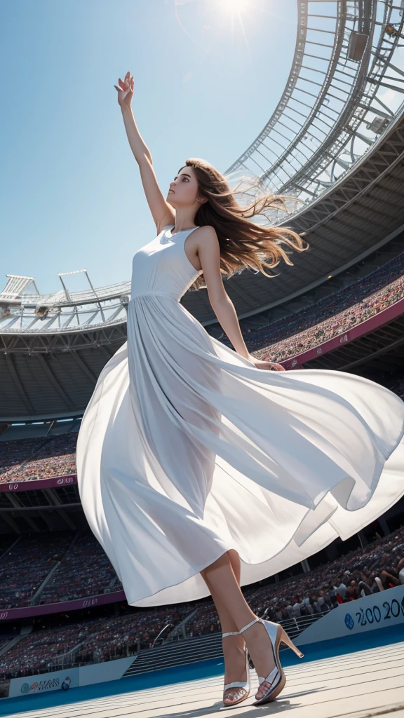 best quality, masterpiece, detailed,Real photo of a beautiful woman in a long white dress with a color circle design, round neck, hair in the wind, hands in flight, looking up, in the Grand Olympic Stadium
