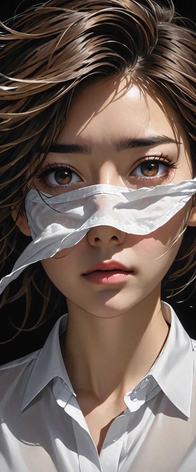 a woman's face is covered up with hair blowing around her eyes, 1girl, solo, messy hair, looking at viewer, shirt, white shirt, portrait, black background, nose, realistic, collared shirt