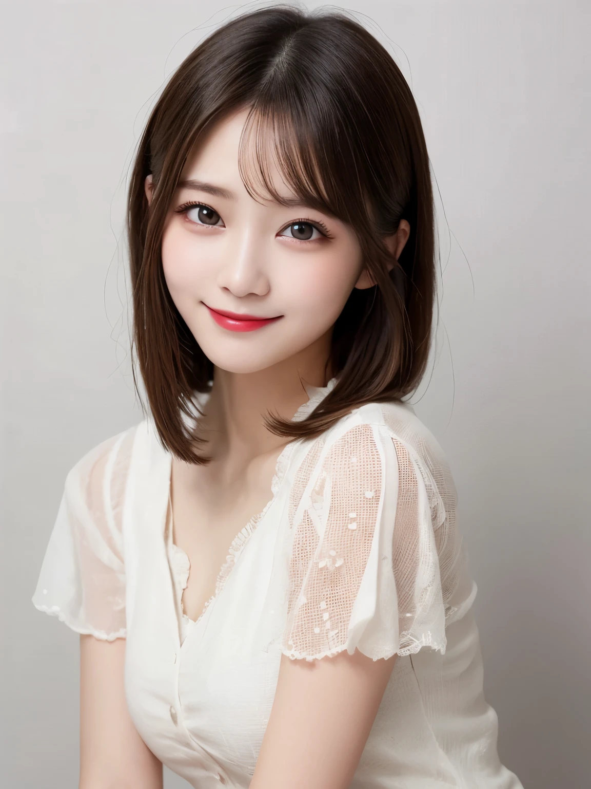 white background, bust shot, tabletop, looks happy, smile, short hair, highest quality, shape, Super detailed, finely, High resolution, 8k wallpaper, Perfect dynamic shape, beautiful and detailed eyes, D cup, natural color lip,smile、20 year old girl, Beautiful and dense face、perfect and beautiful face,Big eyes、real photos(best image quality), blouse (white)、looking at camera、Please stand、Do gal makeup