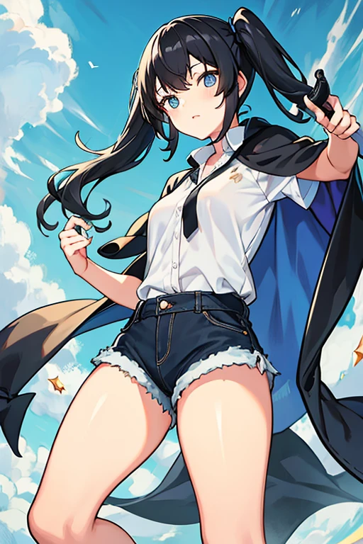 young woman, black hair in two pigtails, blue cape, White shirt, denim shorts, with a bat