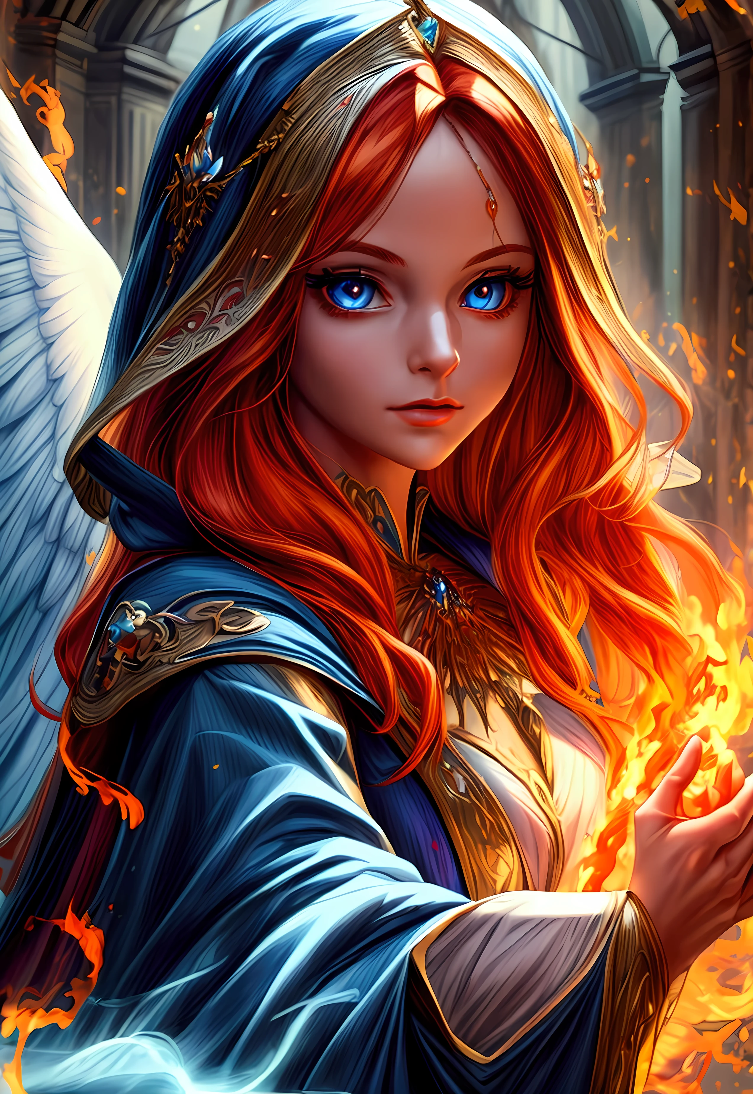 a picture  female aasimar sorceress casting a fire spell,  exremley beautiful female aasimar, orange hair, long hair, wavy hair, dynamic eyes color, angelic eyes, radiant magical eyes, ultra detailed face, spread angelic wings, white angelic wings, wearing dynamic color robe, wearing blue cloak, long cloak, flowing cloak with fire motifs,  armed with magical staff,  manipulating fire magical energy, vibrant, Ultra-high resolution, High Contrast, (masterpiece:1.5), highest quality, Best aesthetics), best details, best quality, highres, 16k, [ultra detailed], masterpiece, best quality, (extremely detailed) RAW, fantasy art, dnd art, angel_wings