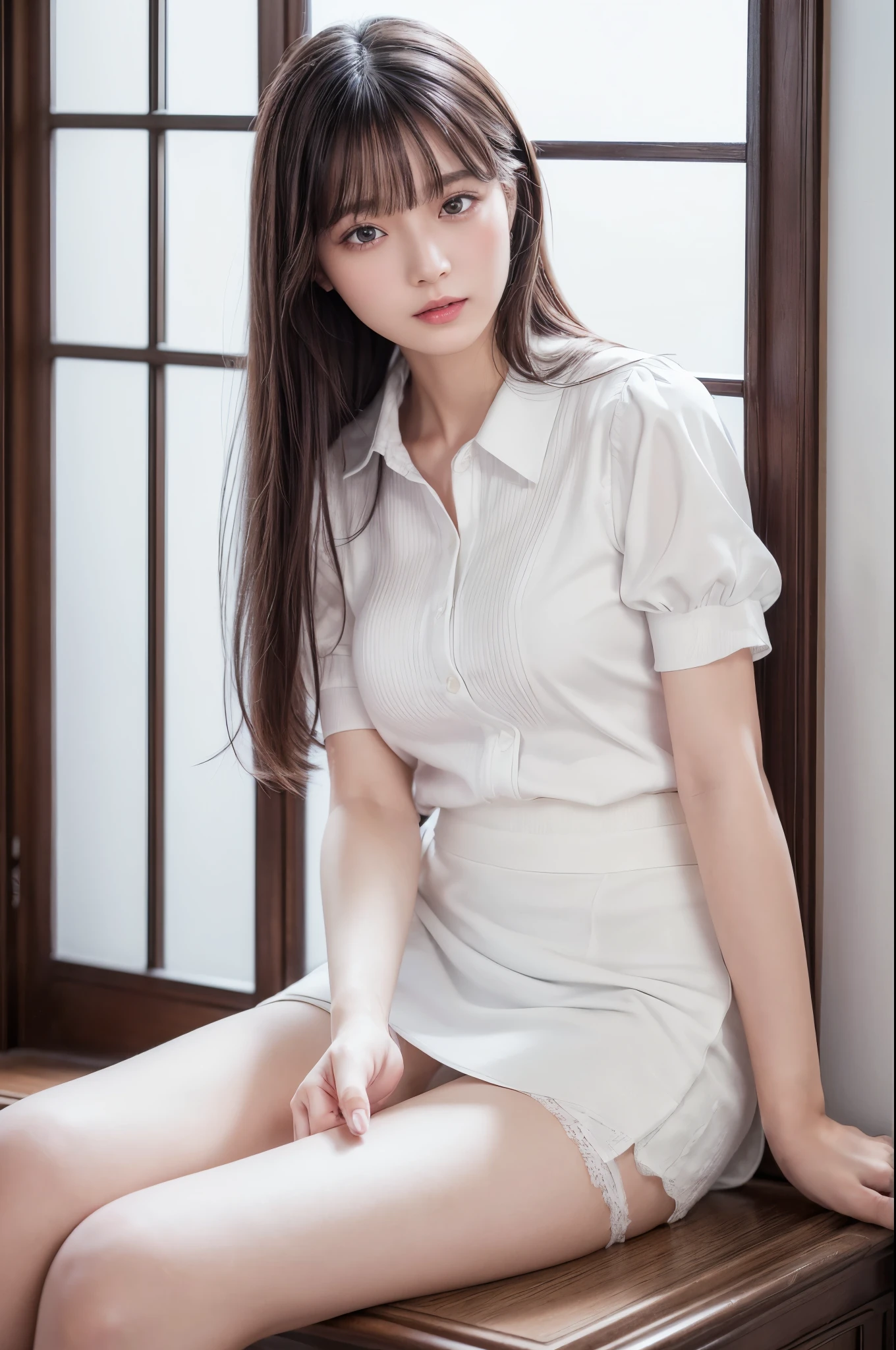 ((Best image quality、8k、masterpiece:1.3))、Realistic high-quality photos、Highest quality、Beautiful and elegant face and eyes、Uniform eyes、Black Hair、Shiny Hair、 OL、Wearing a short-sleeved blouse、Wear a long skirt、Full Body Shot. Sitting、(((White panties are visible between her skirt and legs)))、