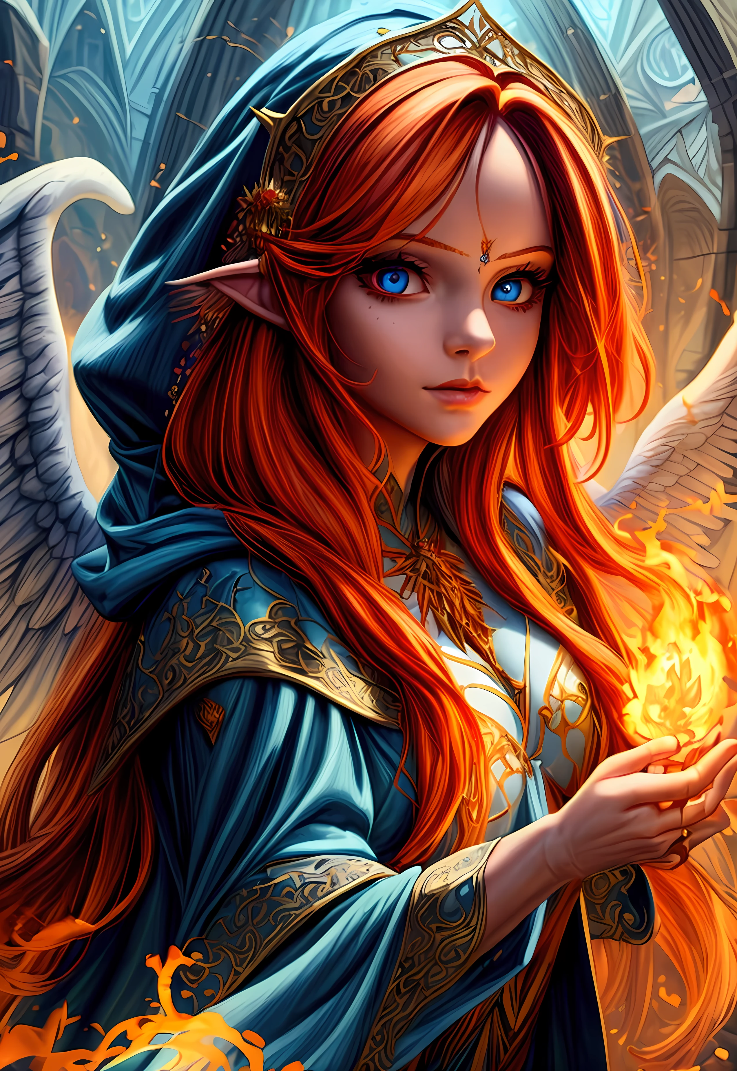 a picture  female aasimar sorceress casting a fire spell,  exremley beautiful female aasimar, orange hair, long hair, wavy hair, dynamic eyes color, angelic eyes, radiant magical eyes, ultra detailed face, spread angelic wings, white angelic wings, wearing dynamic color robe, wearing blue cloak, long cloak, flowing cloak with fire motifs,  armed with magical staff,  manipulating fire magical energy, vibrant, Ultra-high resolution, High Contrast, (masterpiece:1.5), highest quality, Best aesthetics), best details, best quality, highres, 16k, [ultra detailed], masterpiece, best quality, (extremely detailed) RAW, fantasy art, dnd art,
