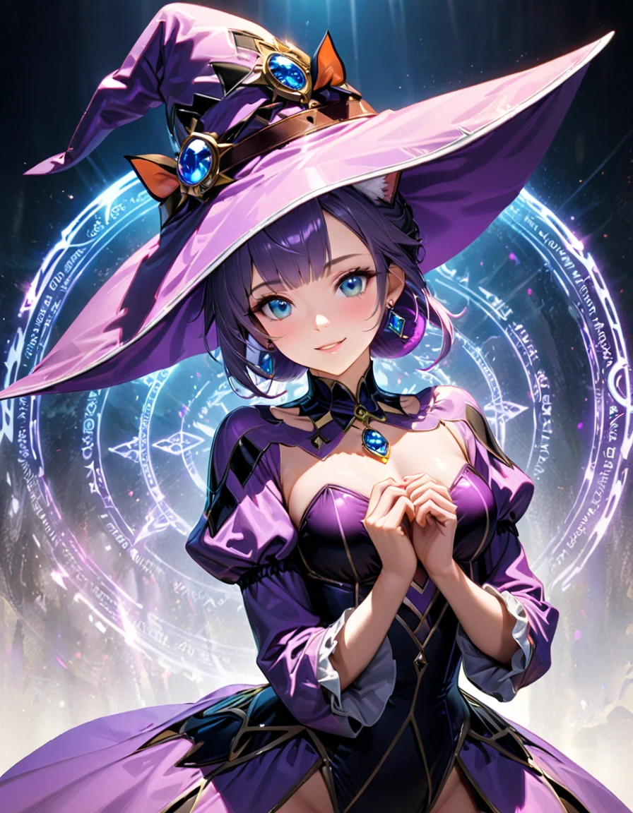 Detailed textures, high quality, high resolution, high accuracy, realism, color correction, correct lighting settings, harmonious composition. the cover of the art book "Harlequin dreamer" in a witch cat costume on a futuristic background, 1 girl, chest, witch hat, hat, cat ears, smile, parted lips, jewelry, earrings, solo, neckline, gemstone, holds in her hands, looks at the viewer, long sleeves, purple hair, blue gem, witch, Artoria Custer (third ascension), Magic Circle, Circle Mantra, magic, white hell