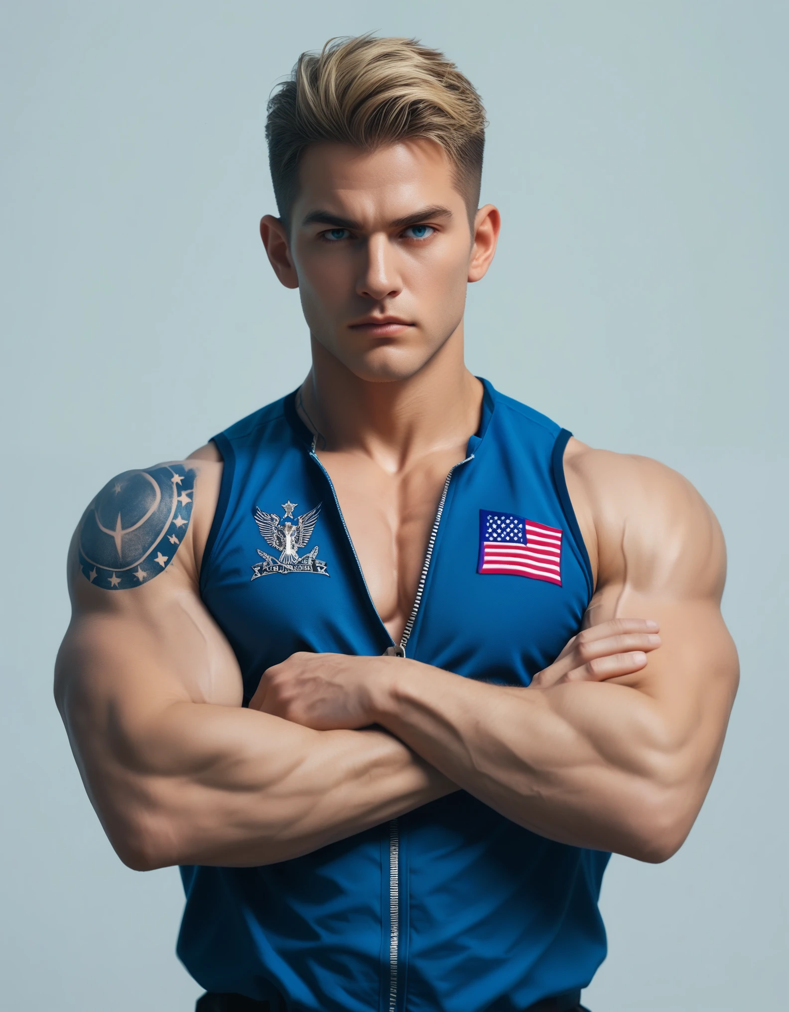 Digital illustration of a muscular male Guile capcom character with a strong, imposing stance. He has a light skin tone and a stern facial expression, with a prominent jawline and short, blonde, flat-top hair. The character is dressed in a blue sleeveless jumpsuit with a zipper down the front, revealing a white undershirt. He has an American flag tattoo on his left shoulder and a military insignia on his chest. His arms are crossed, showcasing his well-defined muscles. The background is transparent, focusing attention solely on the character. anime, anatomically correct, super detail, high quality, 4K