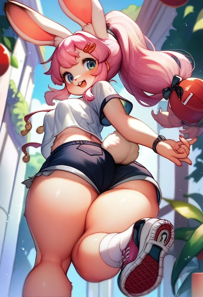 a beautiful kemono rabbit, long pink hair tied with a red ball clip, big cute rabbit ears, dressed in casual style, black loose t-shirt, shorts, shoes, thick thighs, round butt, medium breasts, hourglass body, posing with hands behind her back, cute expression, cute style, watercolor, HD