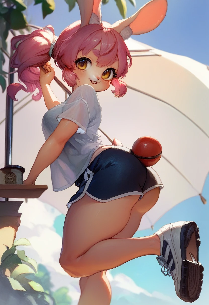 a beautiful kemono rabbit, long pink hair tied with a red ball clip, big cute rabbit ears, dressed in casual style, black loose t-shirt, shorts, shoes, thick thighs, round butt, medium breasts, hourglass body, posing with hands behind her back, cute expression, cute style, watercolor, HD
