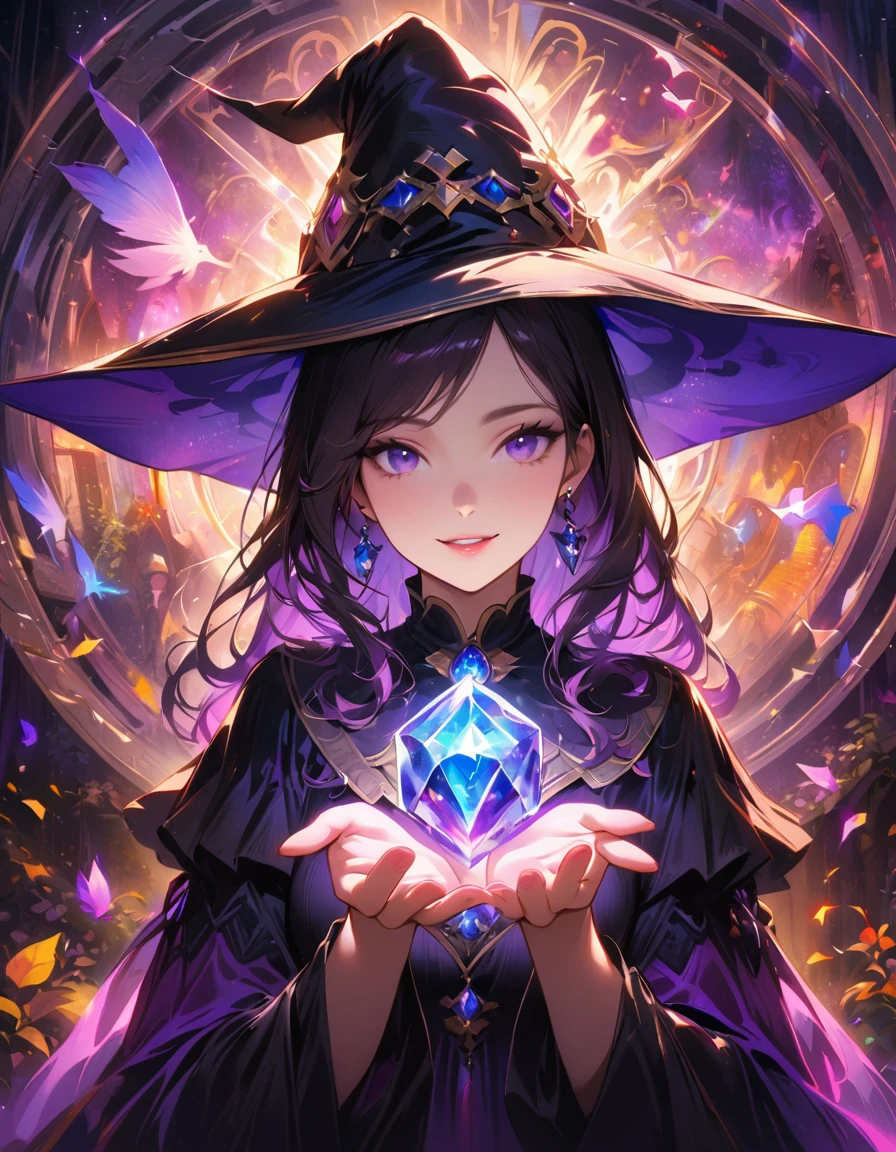Detailed textures, high quality, high resolution, high accuracy, realism, color correction, correct lighting settings, harmonious composition. the cover of the art book "Harlequin dreamer" in a witch cat costume on a futuristic background, 1 girl, chest, witch hat, hat, cat ears, smile, parted lips, jewelry, earrings, solo, neckline, gemstone, holds in her hands, looks at the viewer, long sleeves, purple hair, blue gem, witch, Artoria Custer (third ascension), Magic Circle, Circle Mantra, magic, white hell