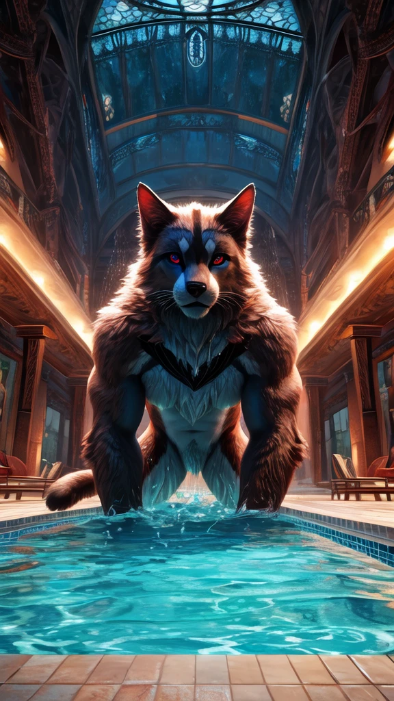 a man in a swimming pool with a dog and a cat, beautiful detailed eyes, beautiful detailed lips, extremely detailed eyes and face, long eyelashes, photorealistic, concept art, hyper detailed, highly detailed, 8k, masterpiece, 3d, high quality, realistic fur, wet fur, splash effects, water ripples, studio lighting, vibrant colors, dramatic lighting, dynamic composition, atmospheric, fantasy, surreal, digital art, furry art, furry fandom, anthro, anime style, anime aesthetic, piscina, swimming pool, swimming piscina, poolside, pov, published art, cover art, from cryptid academia, fursona