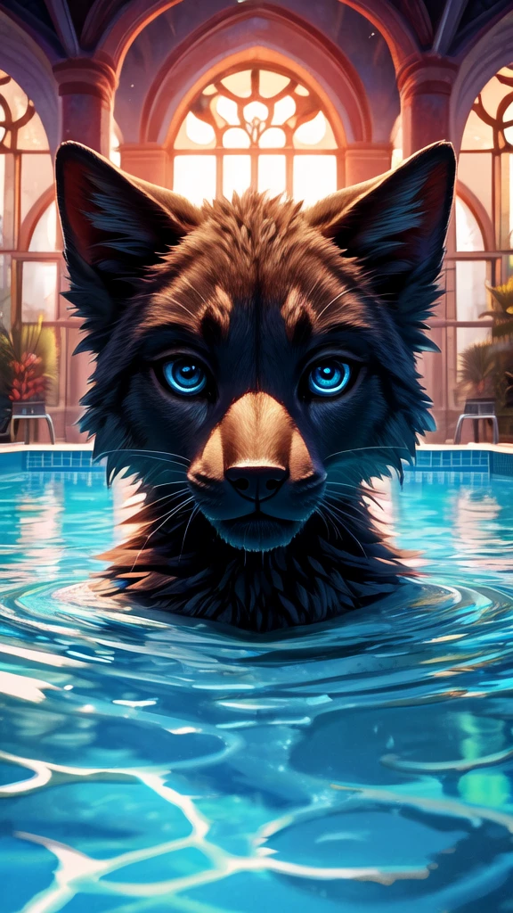 a man in a swimming pool with a dog and a cat, beautiful detailed eyes, beautiful detailed lips, extremely detailed eyes and face, long eyelashes, photorealistic, concept art, hyper detailed, highly detailed, 8k, masterpiece, 3d, high quality, realistic fur, wet fur, splash effects, water ripples, studio lighting, vibrant colors, dramatic lighting, dynamic composition, atmospheric, fantasy, surreal, digital art, furry art, furry fandom, anthro, anime style, anime aesthetic, piscina, swimming pool, swimming piscina, poolside, pov, published art, cover art, from cryptid academia, fursona