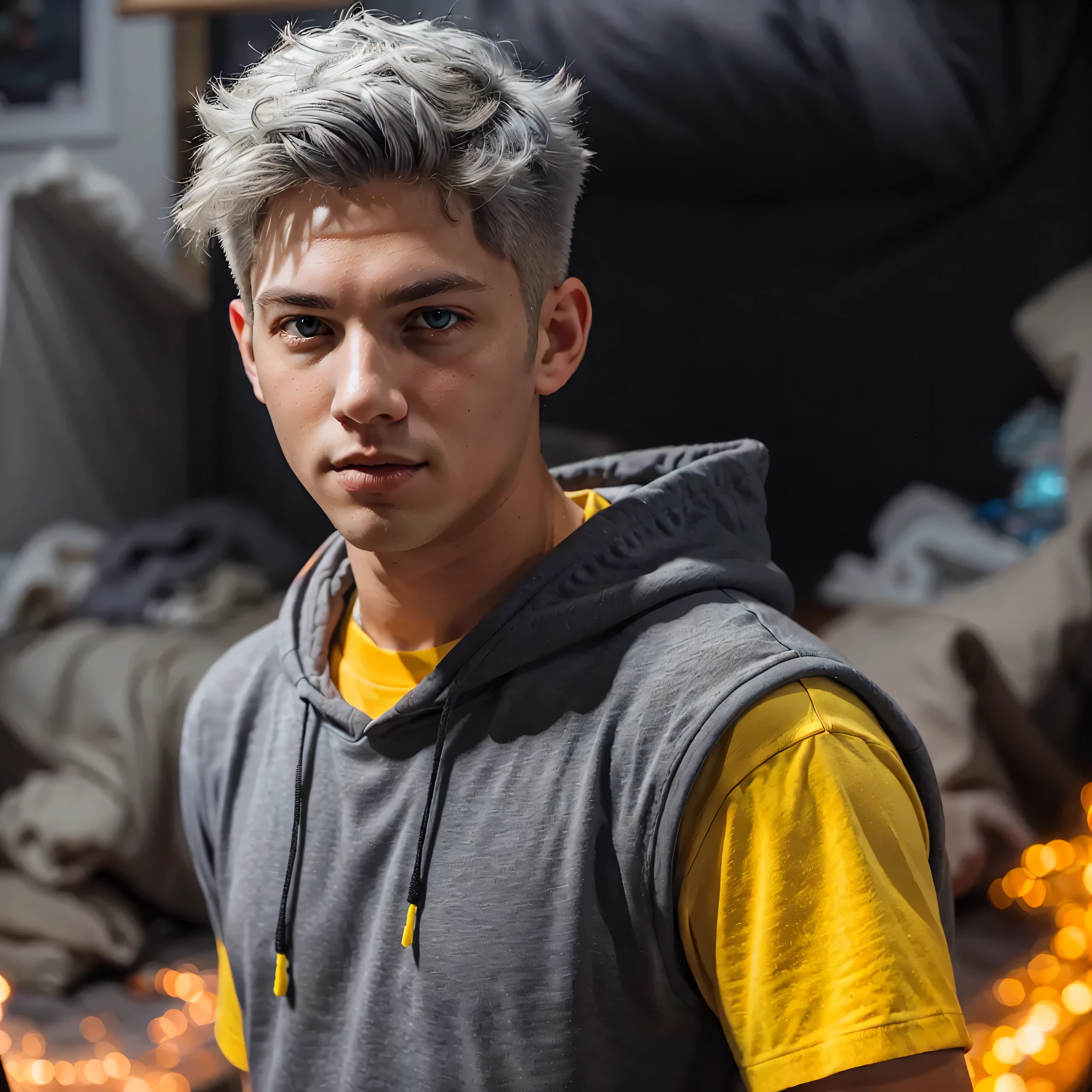 Boy with gray hair and yellow eyes, 23 year old, adult boy, Messy hair, ashen hair, Handsome boy, boy with black hair and light eyes, boy in his room, dark bedroom, photography focused on the boy&#39;s face 